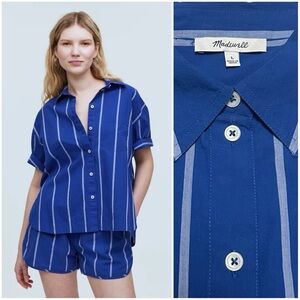 Madewell Oversized Boxy Button-Up Shirt in Signature Poplin Pure Blue Striped